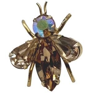Regency Jewels Bee Pin Brooch Gold Tone Amber Rhinestone Aurora Borealis Vintage